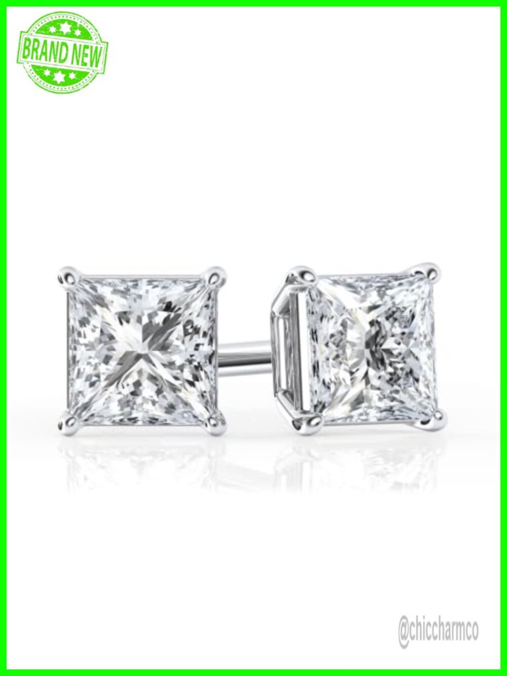 Lab Grown Diamond Stud Earrings Sterling Silver Princess Cut